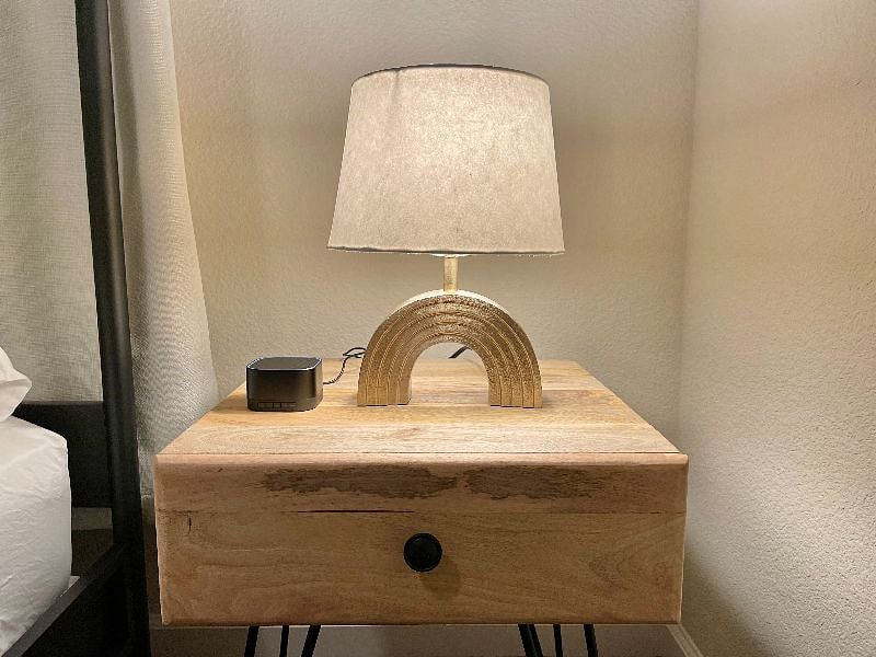 Black out curtains and white noise machine in each bedroom.
