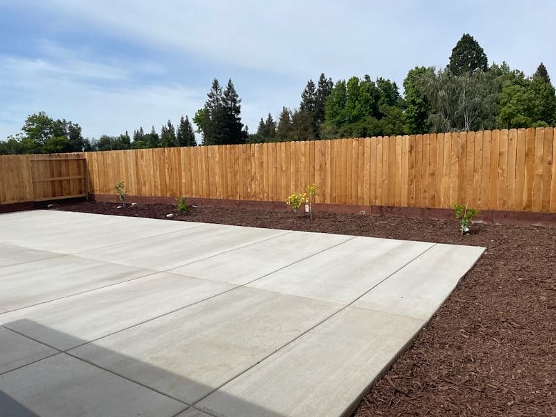 Backyard patio with fruit trees and automatic irrigation. 