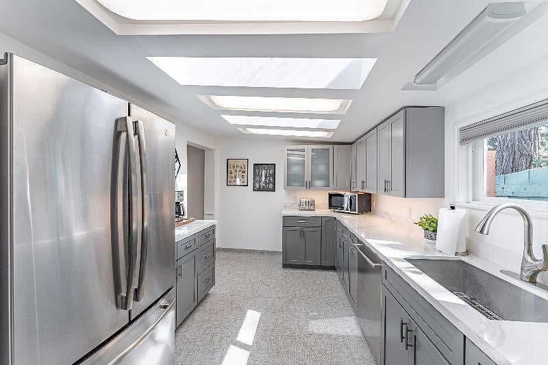 The large refrigerator will keep all of your perishables fresh and the dishwasher will get the dishes clean. Dish soap, hand soap, and dishwasher detergent is provided.