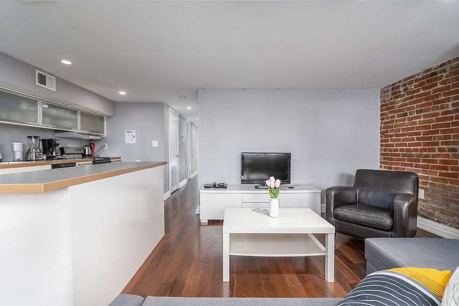 kitchen island and living room