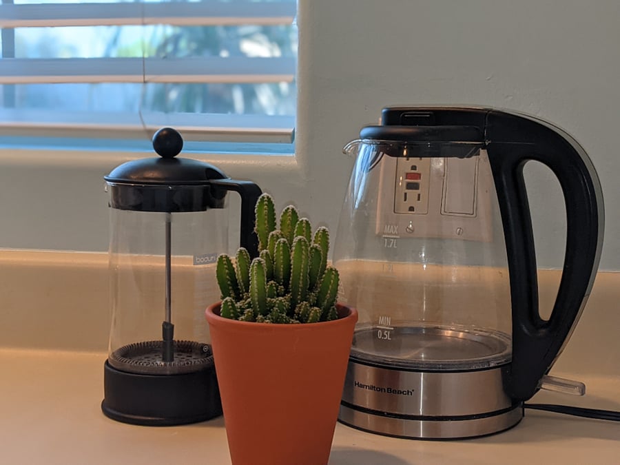 The electric kettle and French press will help wake you with delicious morning coffee. The electric kettle will boil water in roughly 3 to 5 minutes.