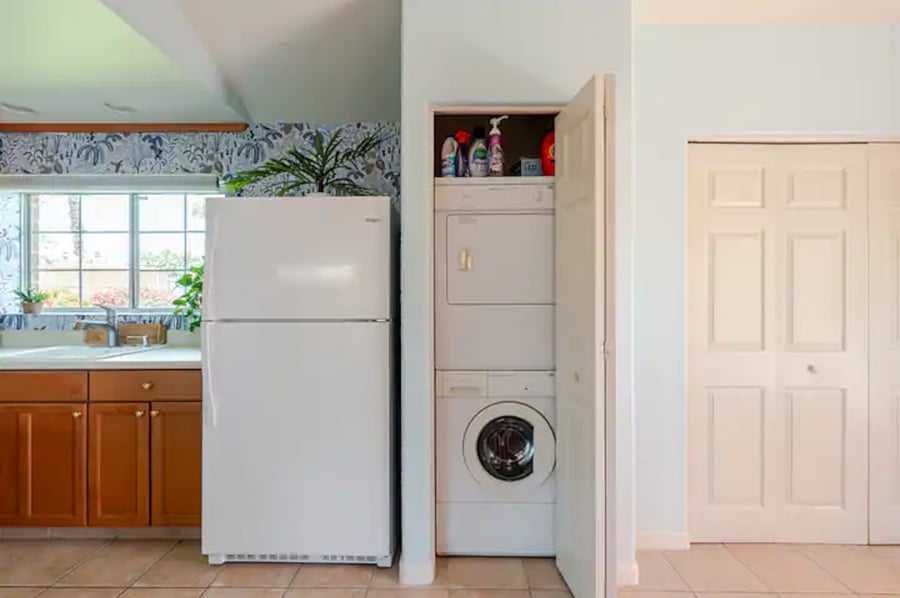 The stack washer and dryer works great. We provide detergent, fabric softener and more. There's plenty of closet space for a long stay.