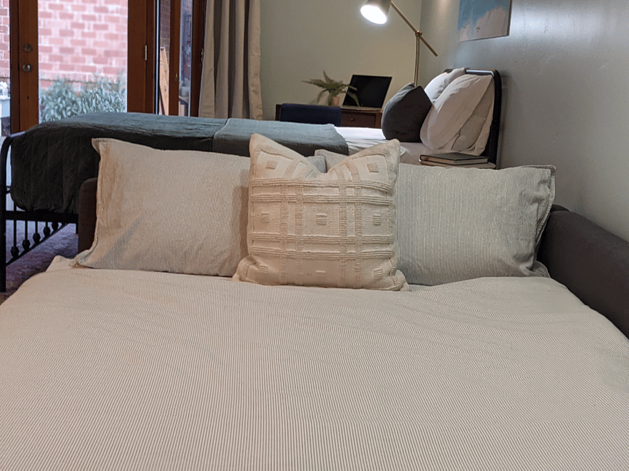 The sofa bed will comfortably sleep two kids.