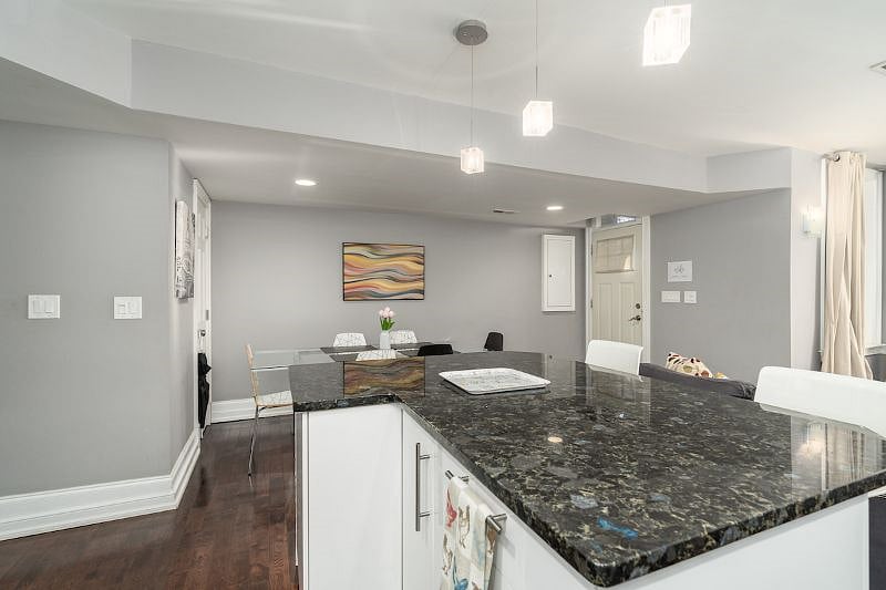 kitchen island and dining area