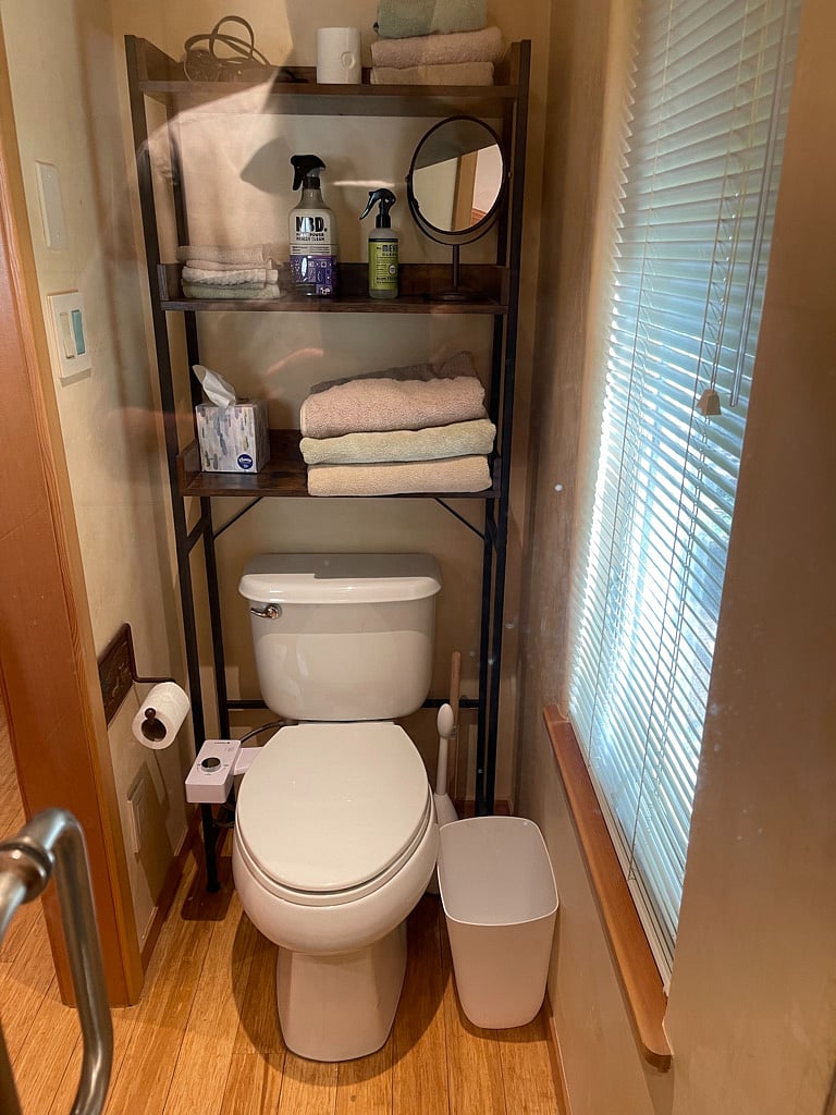 Bathroom features bidet and nice view of the woods. High-pressure shower head with on-demand water heater.