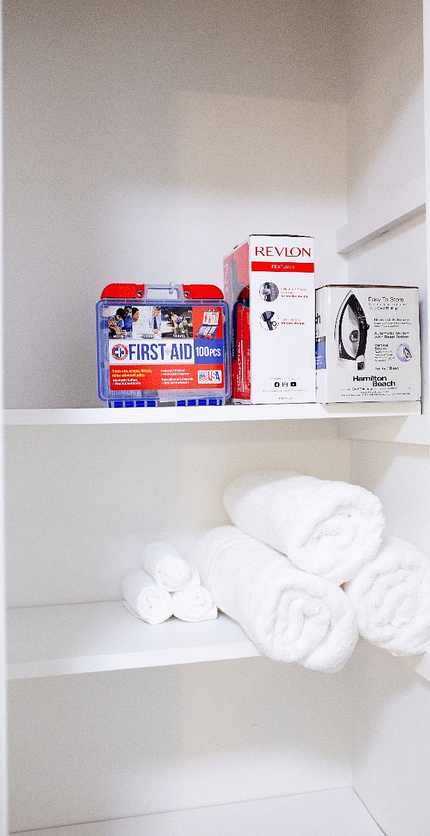 Amenities - iron, blowdryer, first aid kit, bath linen