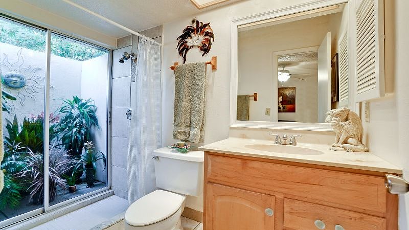 EnSuite bathroom  With atrium garden Behind glass doors.