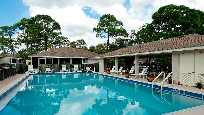 Community pool is pristine and heated, and very close to the Villa. It is amazingly lightly used. And has a cabana house with bathrooms, .