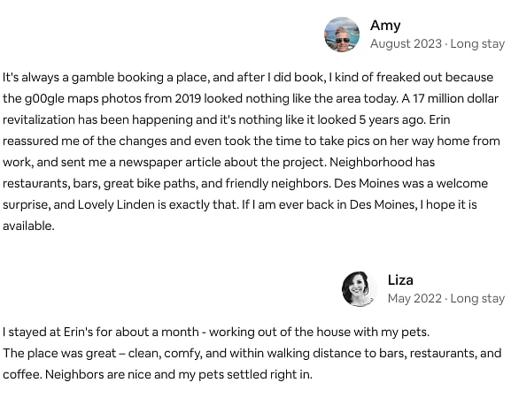 Recent reviews from Aibnb. 