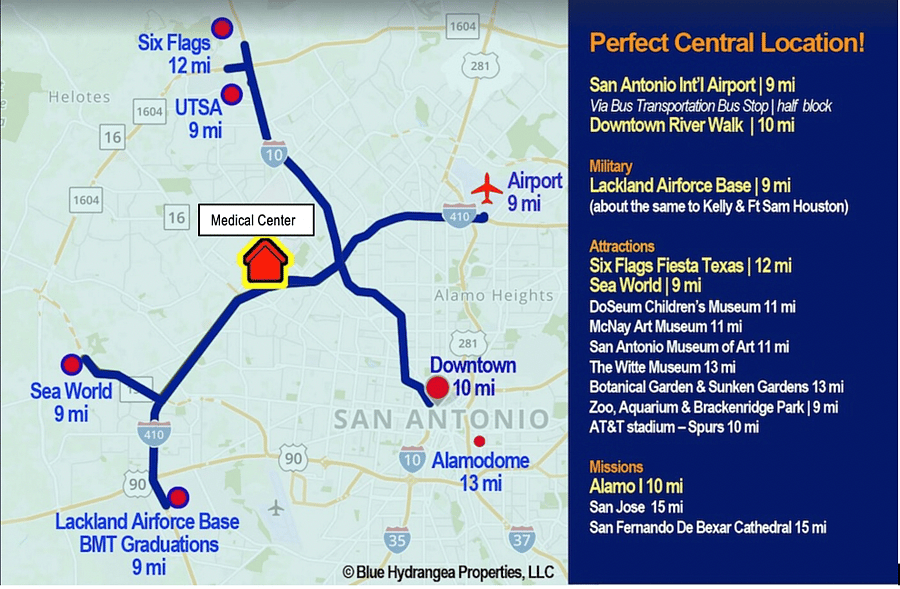 The medical center area is beautifully centrally located to many destinations around San Antonio as well as being within 2 miles of University, Methodist, Santa Rosa & Transplant Center (& more).