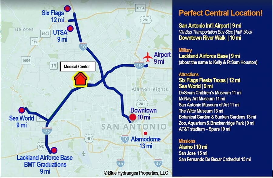 The medical center area is beautifully centrally located to many destinations around San Antonio as well as being within 2 miles of University, Methodist, Santa Rosa & Transplant Center (& more).