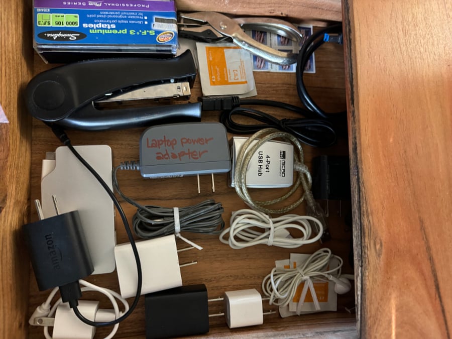 Cords , cords, cords. Desk drawer.