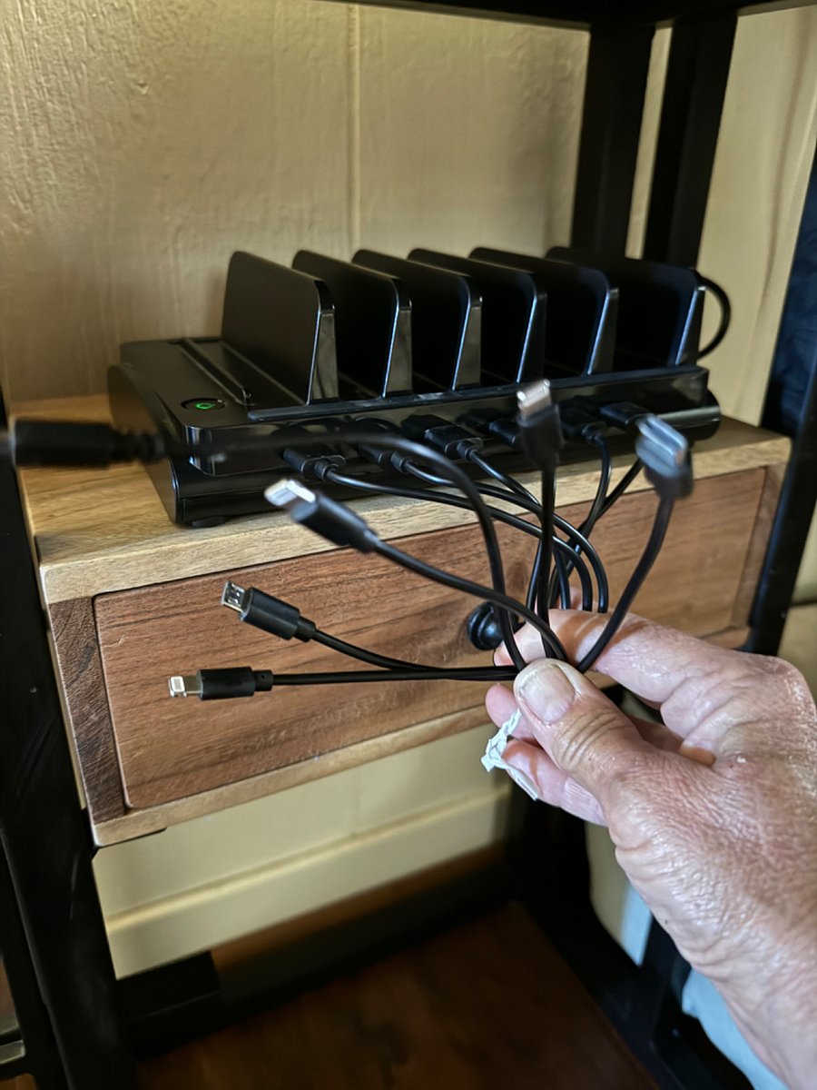 Charging station just below the desk.
