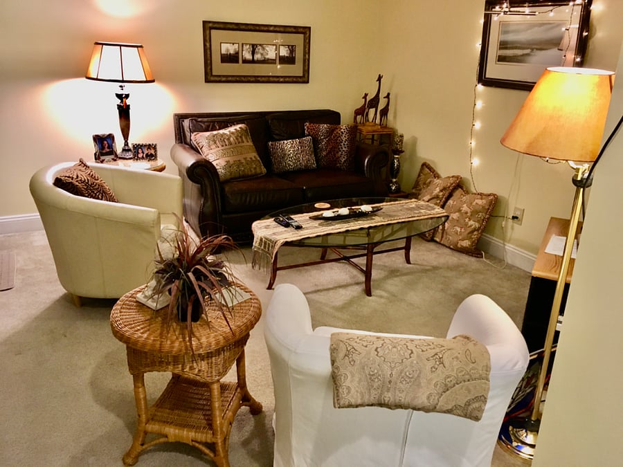 Love seat, two side chairs and TV