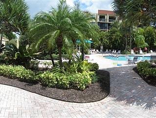Tropical landscape around pool