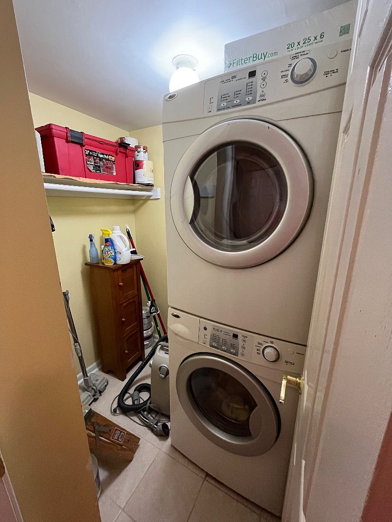 Full size washer and dryer in separate room. Hang up your clothes to dry.