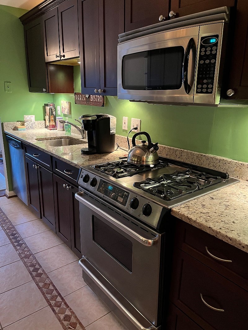 Full sized dishwasher, gas stove/oven, coffee maker, deep soaking sink.