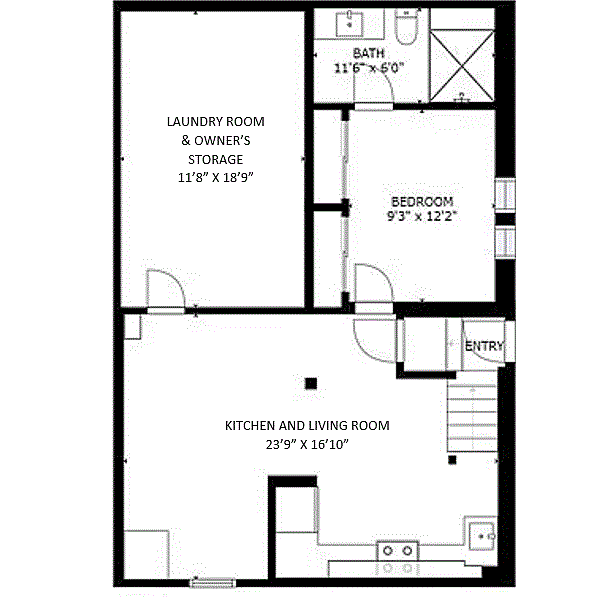 Floor plan includes 1 bedroom, 1 bathroom, living room/desk space, kitchen/eating area and laundry.  
