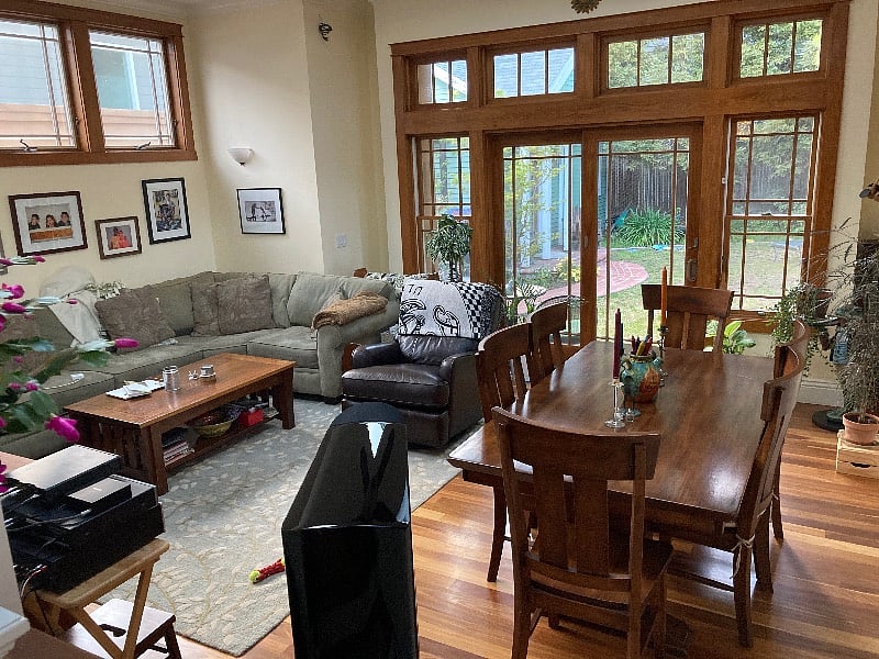 Comfortable family room with backyard through sliding doors