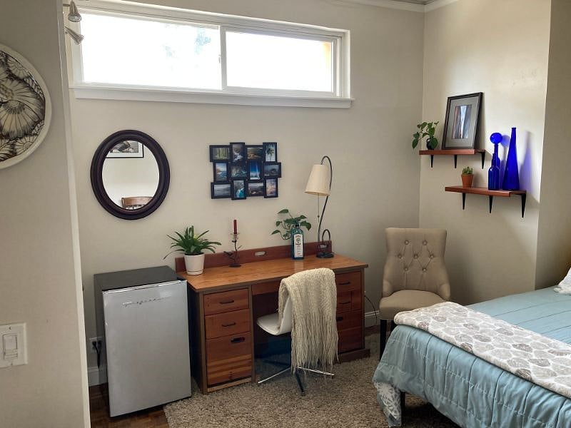 Walking into the FF room from kitchen. Small refrigerator in FF room (for convenience--access to kitchen fridge as well).
