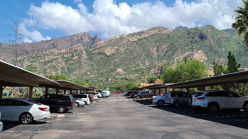 Stunning parking lot view of the Catalina Mountains.