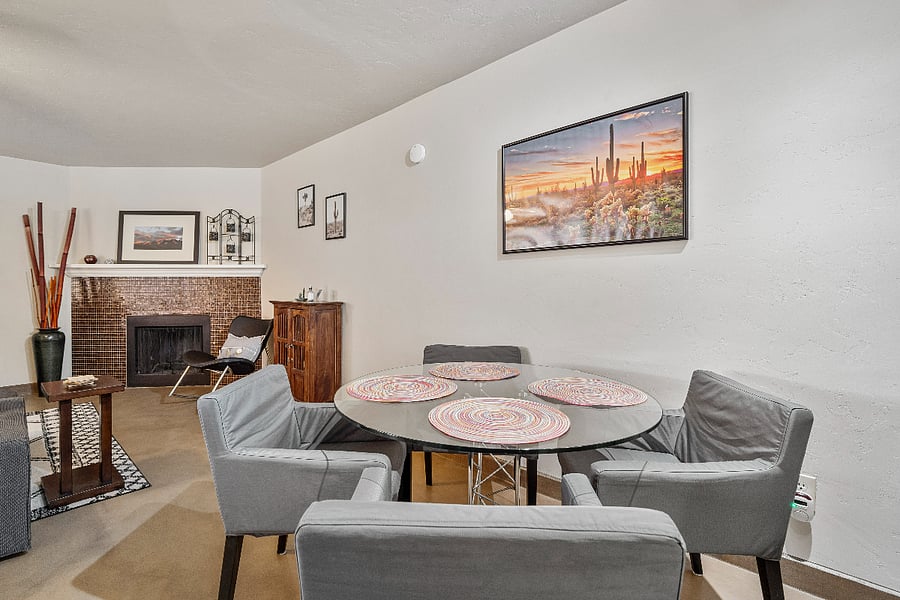 Our spacious dining table comfortably seats four, making it the perfect spot to gather and share a meal.
