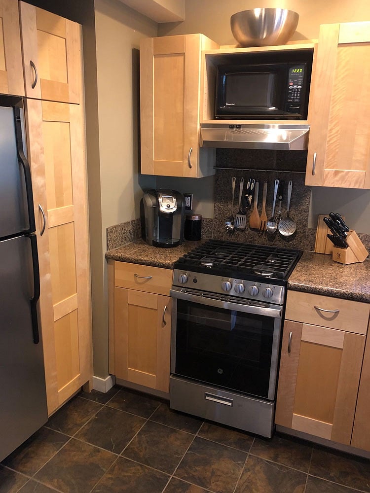 Super efficient layout custom kitchen, fully equipped.