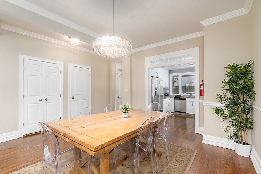 dining area, storage and bathroom doors, and kitchen.