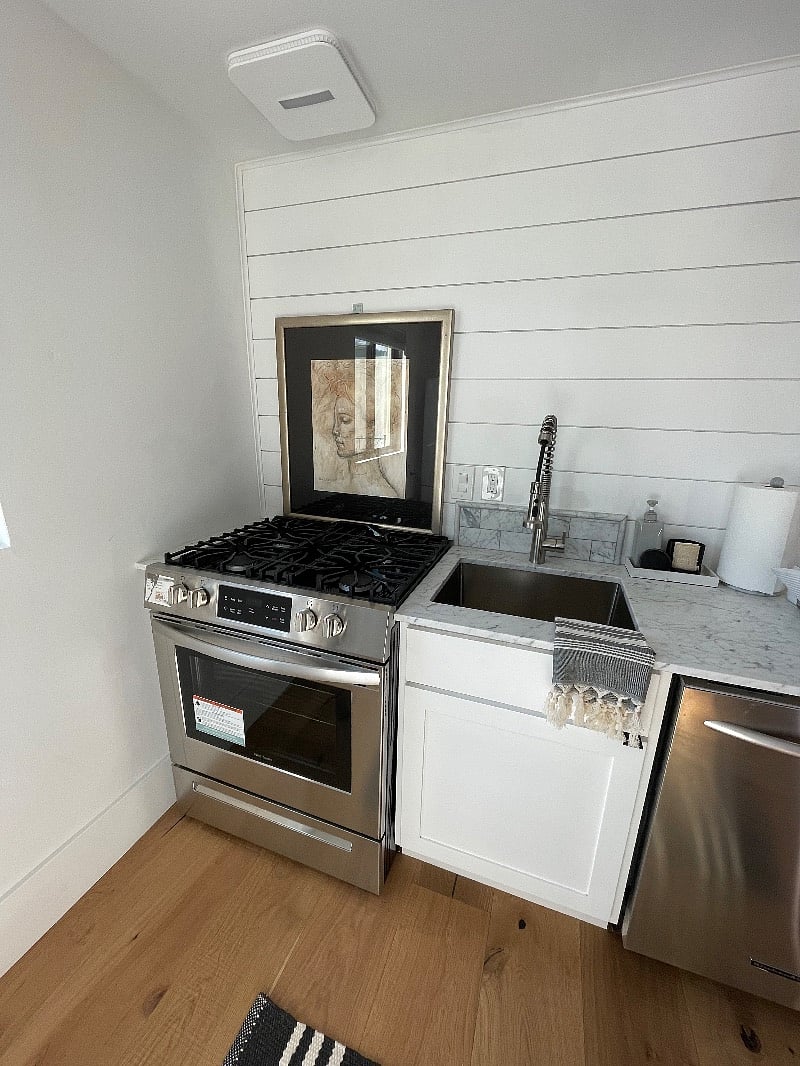 Gas range and deep stainless sink