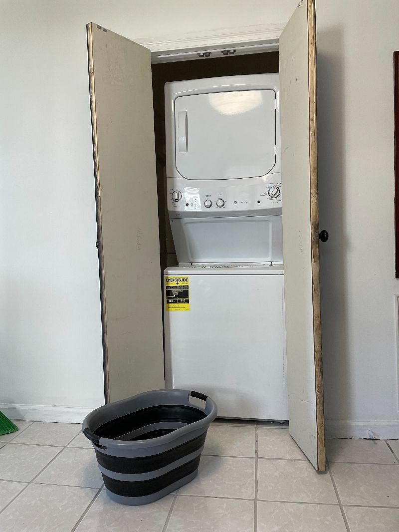 In unit washer and dryer with collapsible laundry basket. All Laundry supplies provided