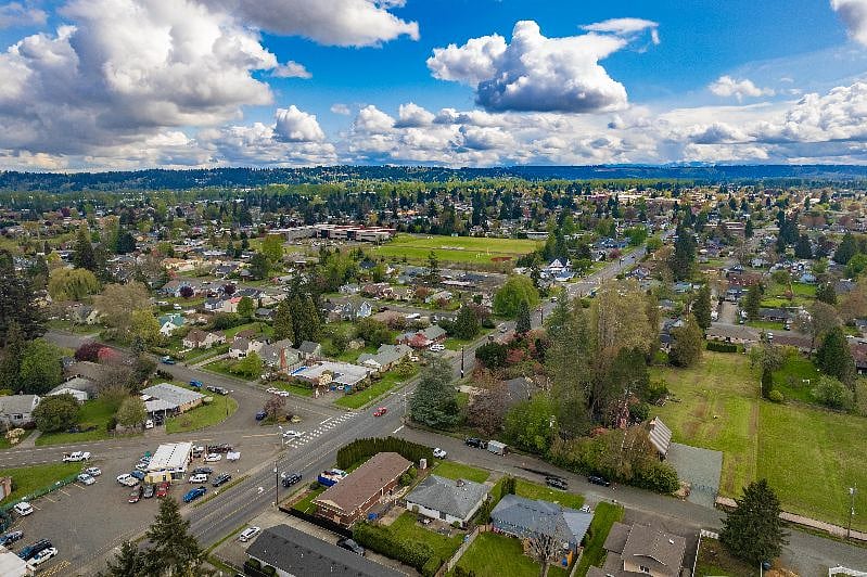 Aerial view of downtown Puyallup looking West.