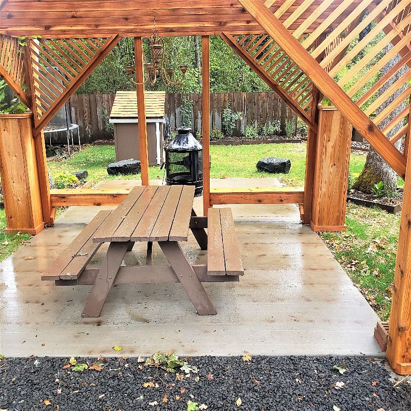 Gazebo in private park with picnic area, fire pit and sitting rocks.
