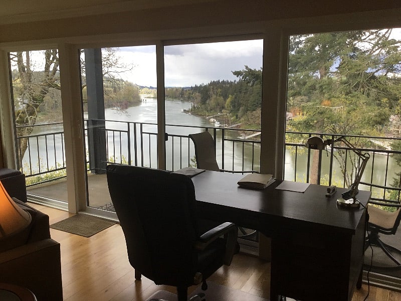 WFH desk & chair with a beautiful view of the Willamette River.