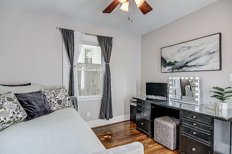 Sunrise Bedroom | Lighted vanity with plenty of storage and Fire TV for accessing your subscription of favorite shows, movies, news and sports.