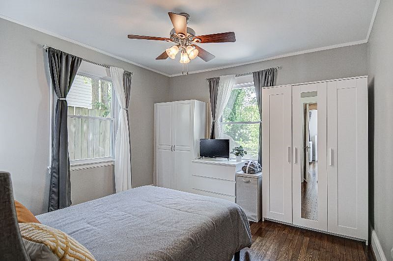 Sunset Bedroom | plenty of hanging storage and drawers, plus hidden shelves and a full-length mirror. Smart Fire TV for accessing your subscription of favorite shows, movies, news and sports.