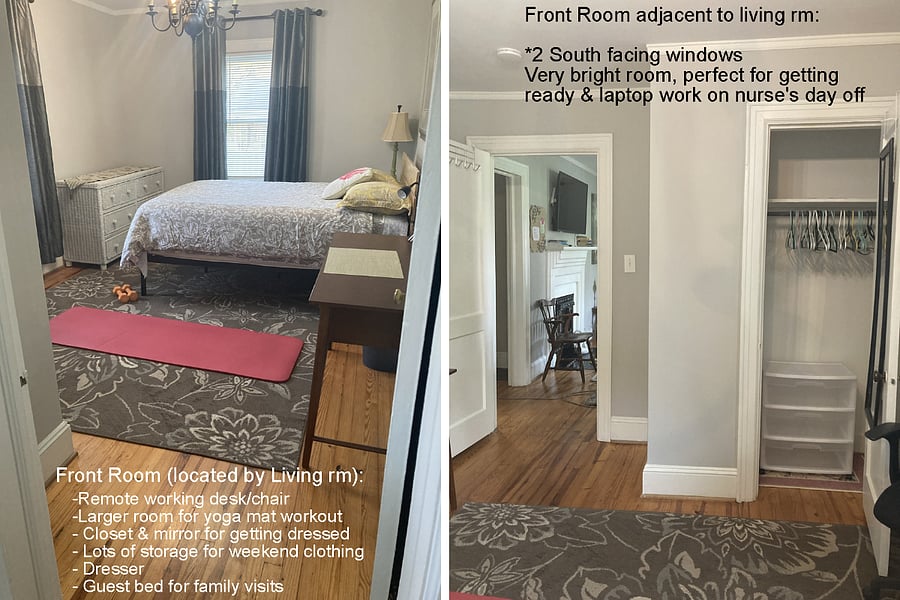 Front Flex Bedroom

Located at the front of the home just off the living room, this bright, naturally sun-lit room from south-facing windows is designed as a multi-purpose flex space for traveling nurses.

We collaborated with traveling nurse Colleen, whose helpful input inspired the layout of this room. The space works perfectly as a getting-ready room, remote work area, or comfortable place for an occasional weekend guest.

What was once a full-size bed has been upgraded to a Queen bed, making it ideal for visiting family during holiday stays or a guest stopping over for the weekend  while the night-shift nurse can sleep peacefully during daytime hours in the quiet primary bedroom at the back of the home.

The room also includes a workstation and chair for remote work days, a mirror and closet with organizer to make getting dressed easy, and plenty of space to store your weekend-warrior gear.