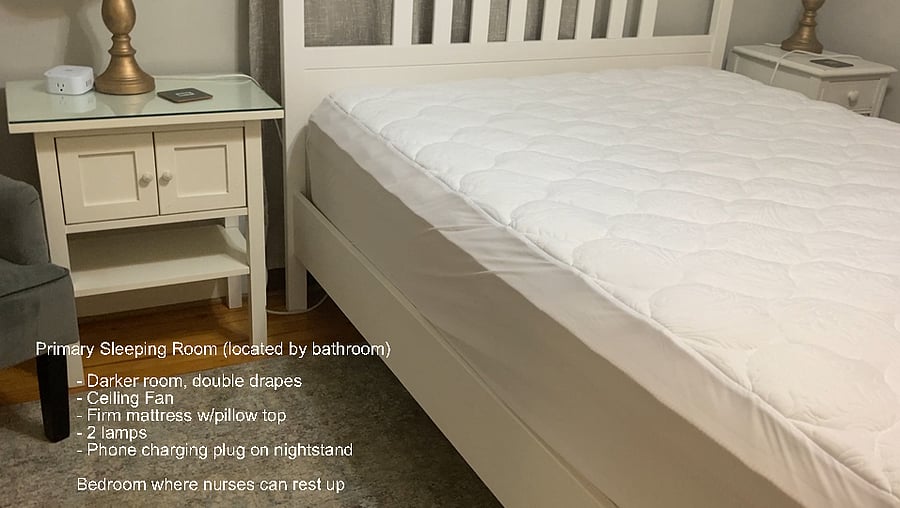 Main sleeping room has a Queen bed. Firm mattress with pillowtop. You can bring your own favorite bedding & pillows (please request if you prefer us to provide bedding)