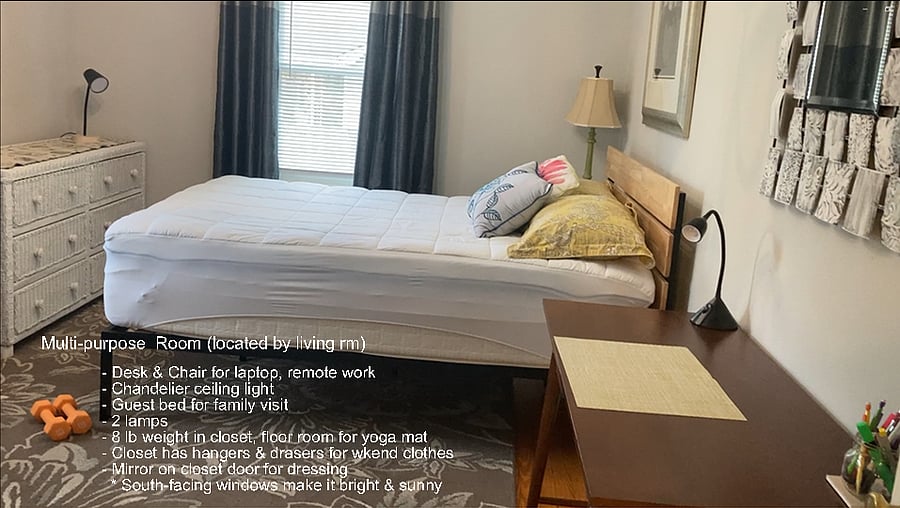 Front flex room for remote working on desk & chair, dressing room, yoga work out room. There is a mirror on closet door. Closet has hangers and drawers for getting dressed and organizing wkend clothing. No blackout curtains because the dedicated sleeping nurse room is in the back Primary Room.