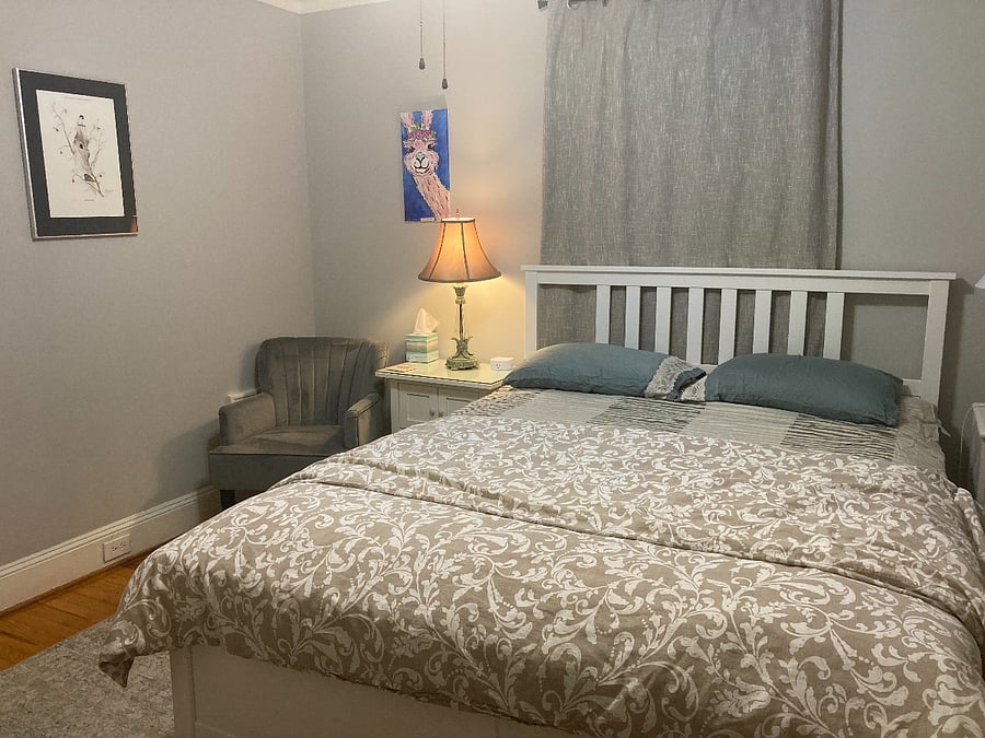 Primary Sleeping Room

no tv, no clutter. don't open the curtains for night shift nurses please! Just a bed. 

Be sure to check out the precious handmade gift hanging on the wall given by Nurse Jake & wife Meg!