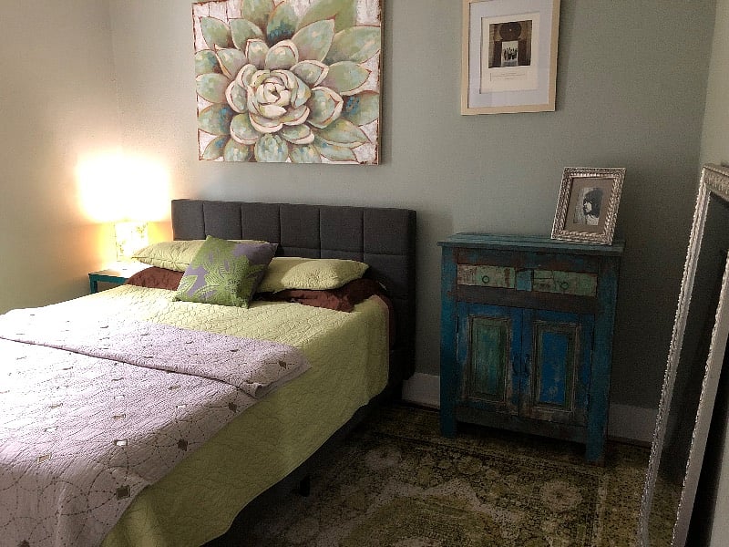Back bedroom is comfy with queen bed.