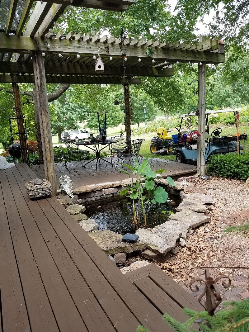Back deck. The lawn mower and golf cart we use to take care of the property.