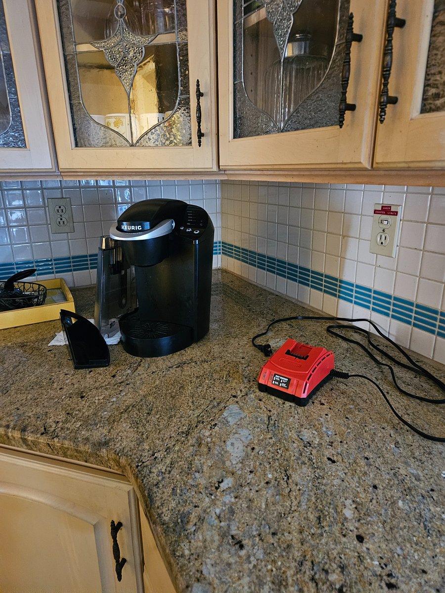 Keurig coffee pot and charger for leaf blower for back deck