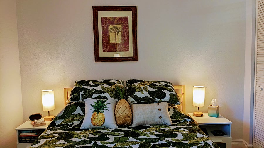 Guest room. New lamps have two USB ports and 3 light settings