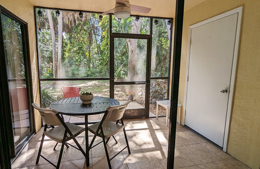 There is a new fan thinking of our tenants in the summer. Enjoy looking out at this serene green space. The closet has beach chairs, umbrella, and 2 camp chairs. There are 2 bikes for your use as well.