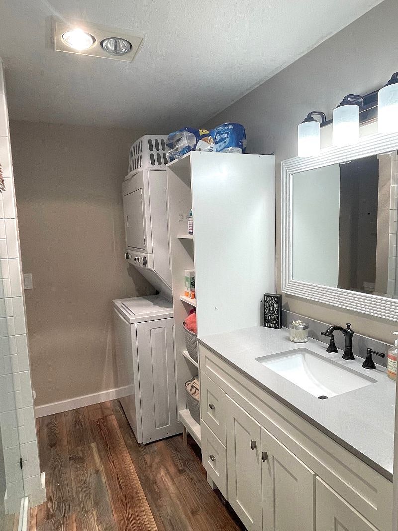 In-unit laundry located in the updated bathroom.