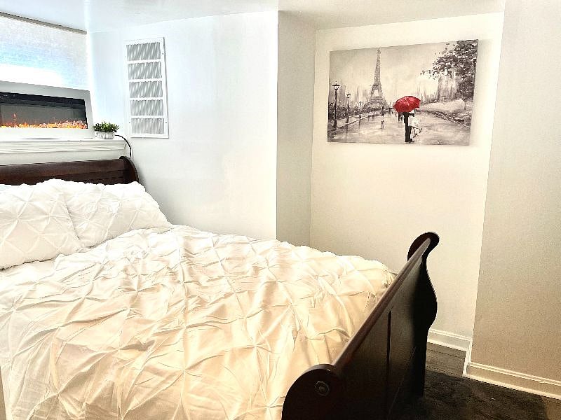 Soft bed with electronic fireplace which heats and cools. Extra linens and towels included