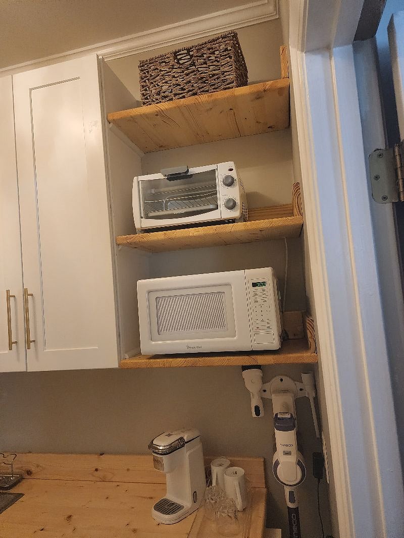 Microwave, toaster, hot plate, and
coffee maker.