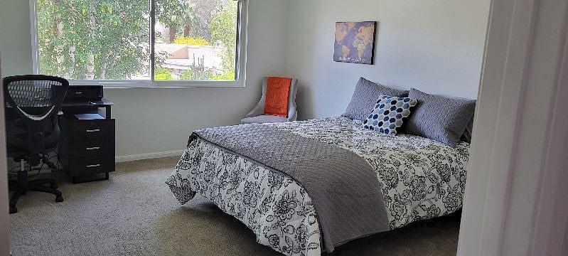Guest bedroom with workstation and large walk-in closet.