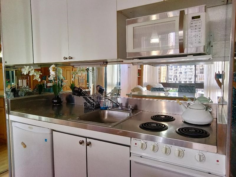 Closer look at the kitchen.
