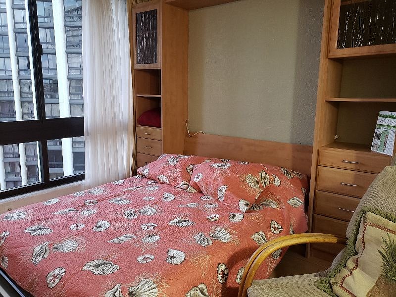 Queen size Murphy bed open, converting the living room to a bedroom. 